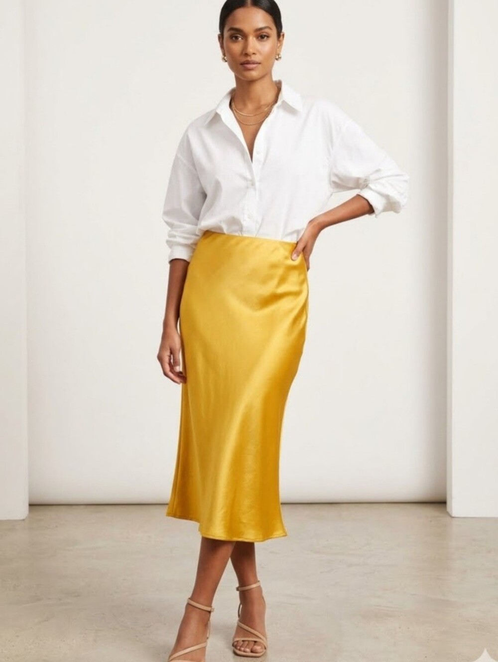 Satin Midi Skirt in Gold